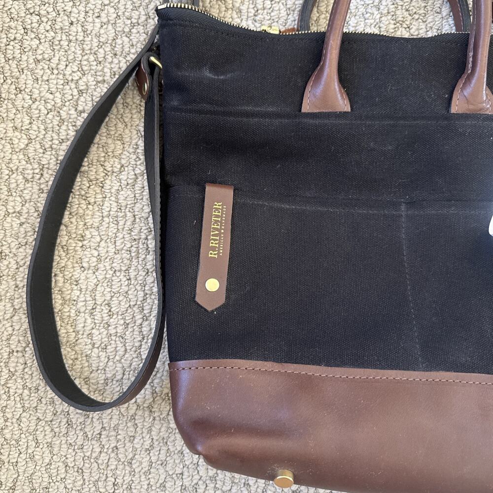 R. Riveter Otto Signature Black Canvas Brown Leather Iconic Bag Crossbody NWT - Picture 7 of 13